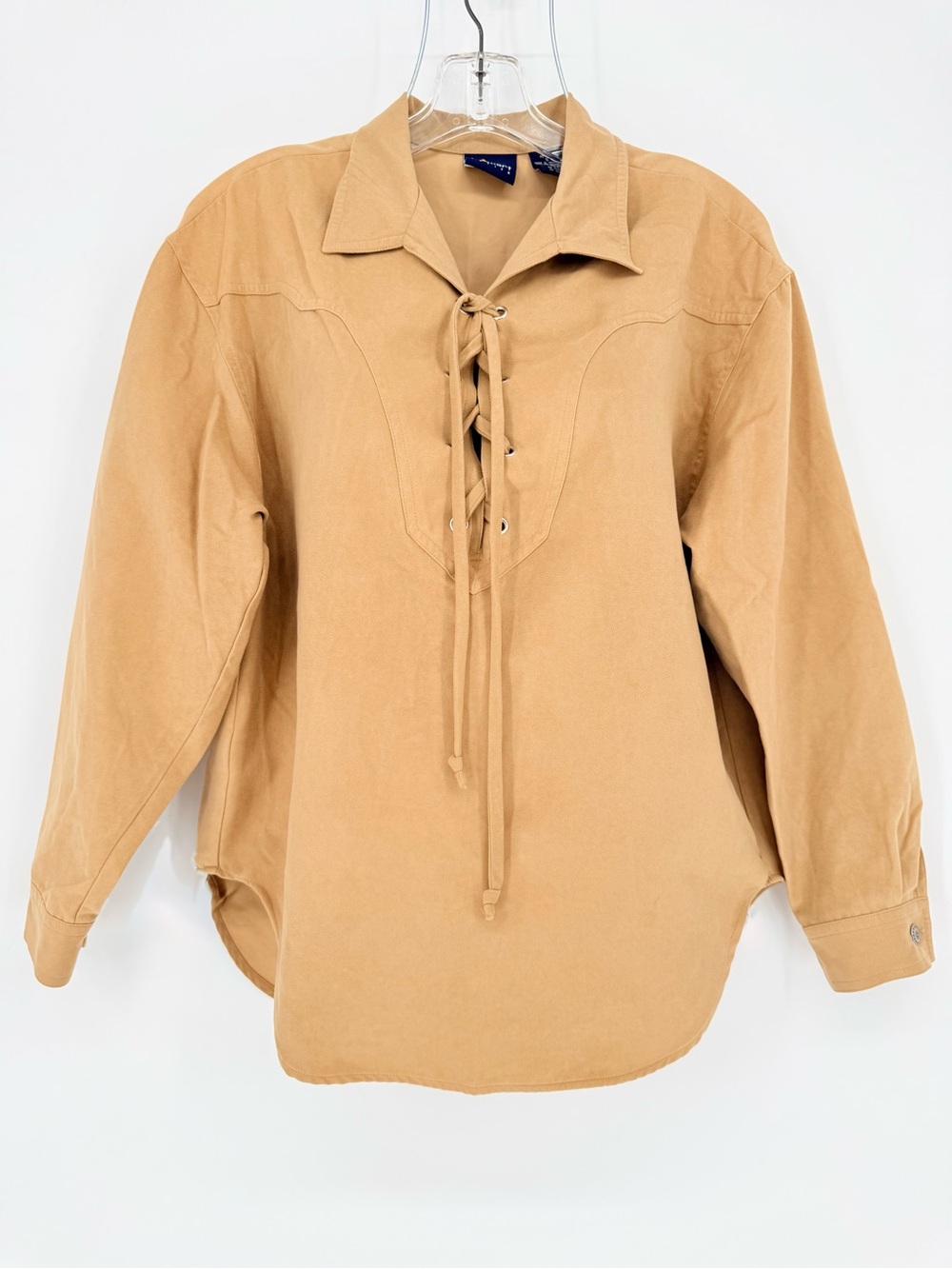 Y2K Vintage Tan Faux Suede Lace Up Shirt Lizsport PS Boho Western Renaissance